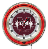 Reloj de pared con pilas de la universidad roja neón hbs de los bulldogs del estado de Mississippi (19") - deportivo