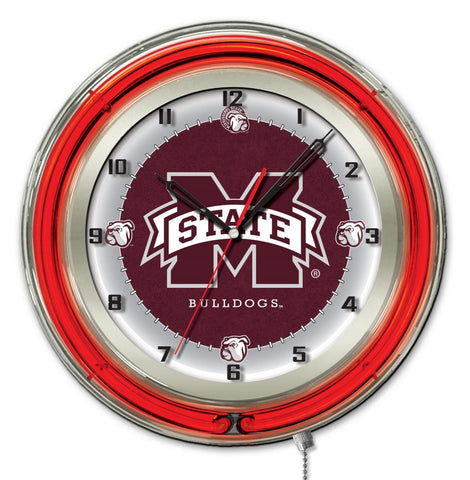 Horloge murale alimentée par batterie universitaire rouge néon hbs des bouledogues de l'état du Mississippi (19") - faire du sport