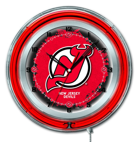 Magasinez l'horloge murale alimentée par batterie de hockey rouge néon hbs des Devils du New Jersey (19") - Sporting Up