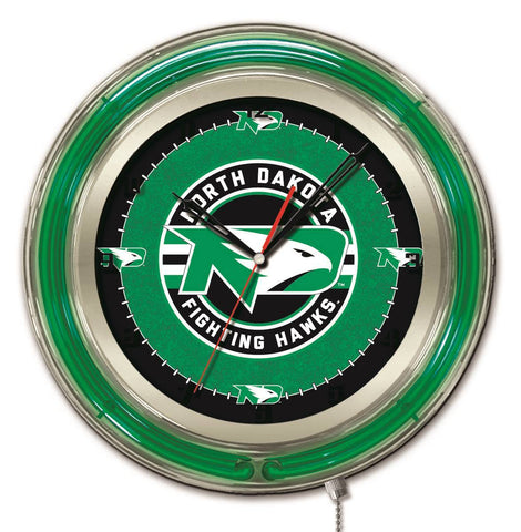 Horloge murale alimentée par batterie vert néon HBS Fighting Hawks du Dakota du Nord (19") - faire du sport