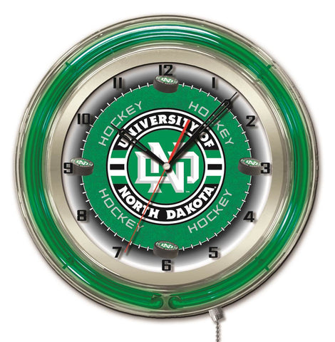 Achetez une horloge murale alimentée par batterie de hockey au néon HBS Fighting Hawks de North Dakota (19") - Sporting Up