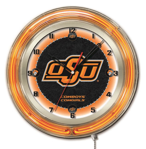 Shoppen Sie die batteriebetriebene Wanduhr Oklahoma State Cowboys HBS Neon Orange College (19 Zoll) – sportlich
