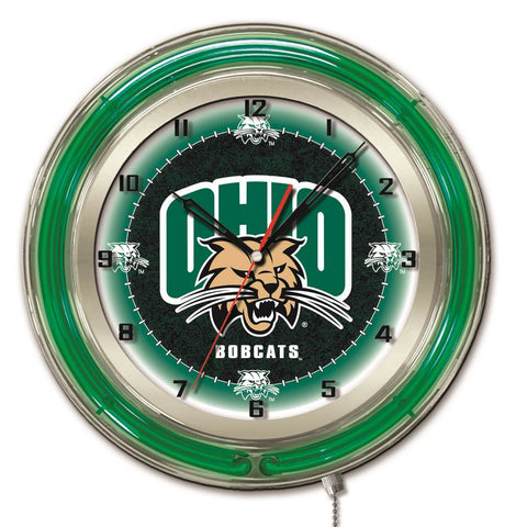 Ohio Bobcats hbs néon vert noir horloge murale alimentée par batterie universitaire (19") - faire du sport