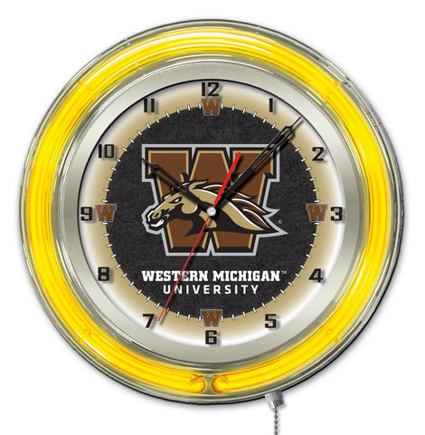 Achetez une horloge murale alimentée par batterie jaune néon hbs des Broncos du Michigan de l'Ouest (19") - Sporting Up
