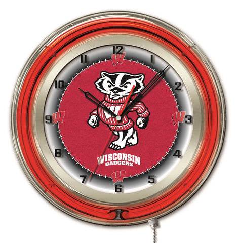 Wisconsin Badgers hbs reloj de pared con batería de tejón rojo neón universitario (19 ") - deportivo