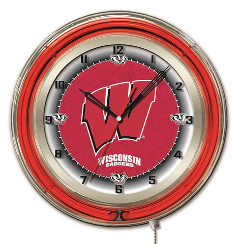 Wisconsin grävlingar hbs neonröd "w" logotyp college batteridriven väggklocka (19") - sportig