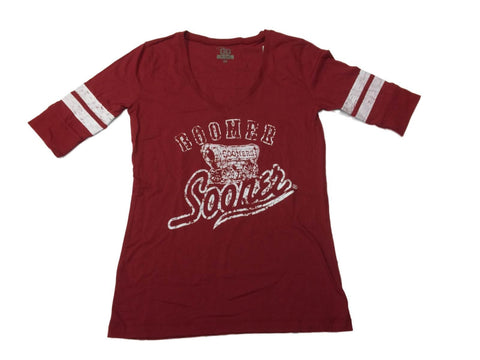 Oklahoma Sooners Glitter Gear Damen-T-Shirt in Purpur mit 1/2-Ärmeln und V-Ausschnitt (M) – sportlich