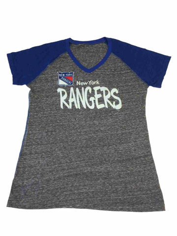 New York Rangers Saag Damen-T-Shirt mit V-Ausschnitt in Grau und Blau zum Ausbrennen, SS (L) – sportlich