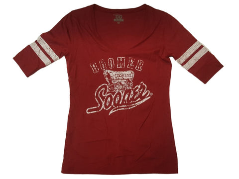Oklahoma Sooners GG Damen-T-Shirt in Kastanienbraun mit Retro-Logo und 1/2-Ärmeln und V-Ausschnitt (M) – sportlich