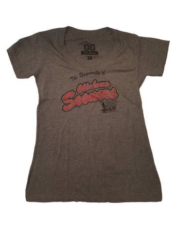 Oklahoma Sooners GG WOMENS Gray Retro Logo Ultra Soft SS V-Neck T-Shirt (M) - Sporting Up