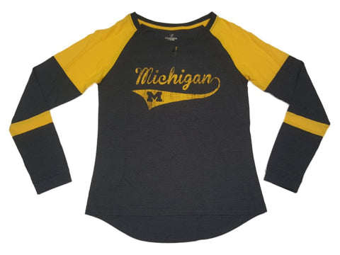 Michigan Wolverines Colosseum WOMENS Navy & Yellow LS 1 Button T-Shirt (M) - Sporting Up