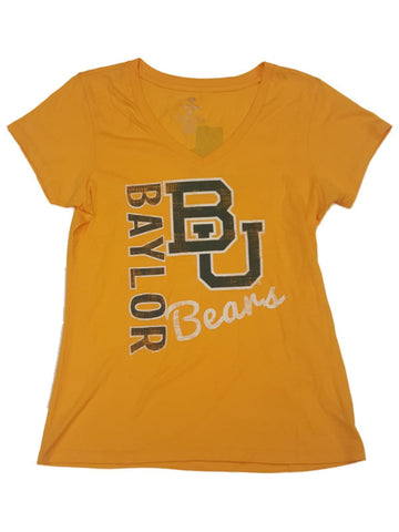 Baylor Bears Colosseum Damen-T-Shirt mit V-Ausschnitt, gelb, halb verblasstes Logo, SS (M) – sportlich
