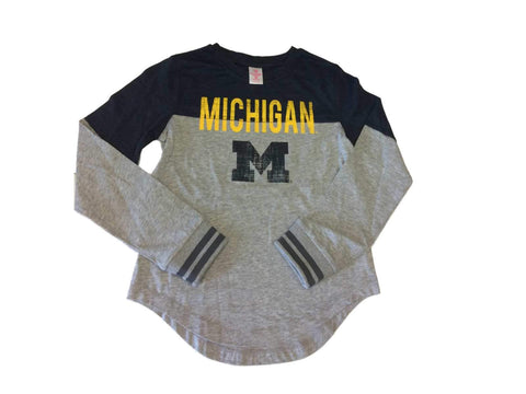 Michigan Wolverines Colosseum GIRLS Navy and Gray LS Crew Neck T-Shirt (M) - Sporting Up