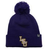 LSU Tigers TOW Purple 100% Acrylic Knit Cuffed Beanie Hat Cap with Poof Ball - Sporting Up
