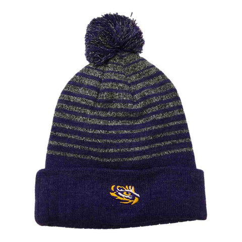 Shop LSU Tigers TOW Gray Purple Stripe Acrylic Knit Cuffed Beanie Hat Cap with Poof - Sporting Up