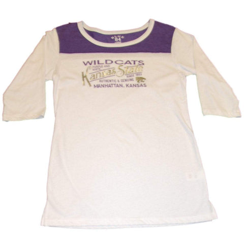 Kansas state wildcats azul 84 1/4 manga texto plateado metálico camisa blanca para mujer - sporting up