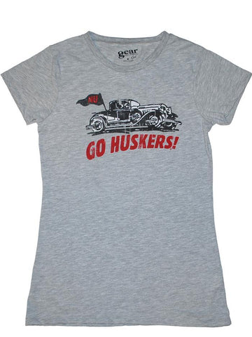 Shop Nebraska Cornhuskers Gear for Sports Women Gray Vintage Car Logo T-Shirt (M) - Sporting Up