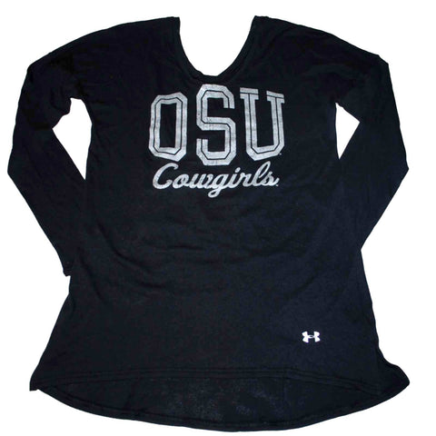 Boutique Oklahoma State Cowboys UA Under Armour Women Black V-neck Heat Gear Ls Shirt (M) - Sporting Up