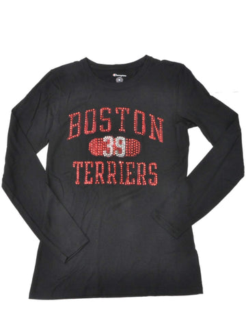 Boutique boston terriers champion femmes noir ébloui logo t-shirt à manches longues (m) - sporting up