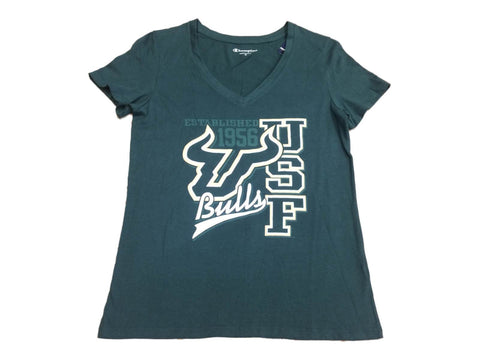 South Florida Bulls Champion Damen-T-Shirt grün mit kurzen Ärmeln und V-Ausschnitt (M) – sportlich