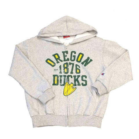 Oregon Ducks Champion YOUTH Gray Long Sleeve Full Zip Hooded Jacket (M) - Sporting Up
