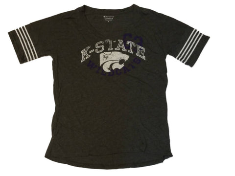 Camiseta con cuello en v ultra suave gris oscuro para mujer campeona de los wildcats del estado de Kansas (m) - sporting up