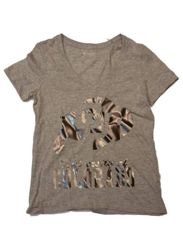 Shop Colorado Buffaloes Champion WOMENS Gray Metallic Logo SS V-Neck T-Shirt (M) - Sporting Up