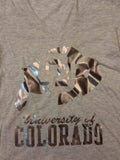 Colorado Buffaloes Champion Damen-T-Shirt mit V-Ausschnitt in Grau-Metallic-Logo (M) – sportlich