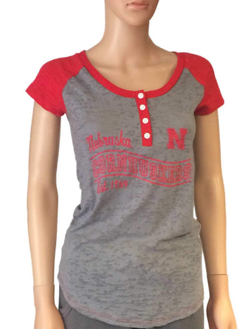Shop Nebraska Cornhuskers Blue 84 Women Gray Red 4-Button Burn Out T-Shirt - Sporting Up
