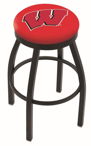 Taburete de bar giratorio negro HBS "W" de Wisconsin Badgers con cojín rojo - Sporting Up