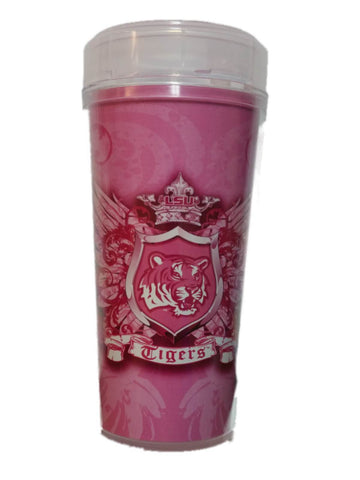 LSU Tigers ThermoServ Botella de agua rosa reutilizable con aislamiento y vaso con pajita - Sporting Up