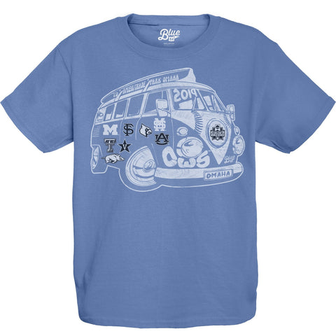 Boutique 2019 College World Series CWS 8 Team Youth Blue VW Bus T-shirt - Sporting Up