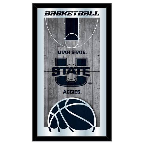 Hängender Glaswandspiegel mit Rahmen und Basketballrahmen der Utah State Aggies HBS (26" x 15") – Sporting Up