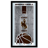 Wyoming Cowboys HBS Espejo de pared de vidrio colgante con marco de baloncesto marrón (26 "x 15") - Sporting Up