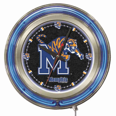 Boutique Memphis Tigers HBs Neon Blue Black College Horloge murale alimentée par batterie (15") - Sporting Up