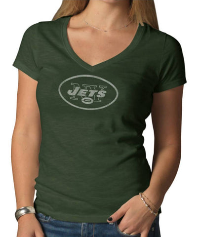 Shoppen Sie das grüne Scrum-T-Shirt der Marke New York Jets 47 für Damen mit V-Ausschnitt und kurzen Ärmeln – sportlich
