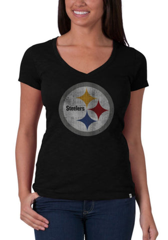 Pittsburgh Steelers 47 Brand T-shirt noir à manches courtes et col en V pour femme - Sporting Up