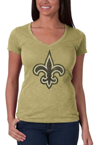 Kaufen Sie das sportliche Gold-Scrum-T-Shirt der Marke New Orleans Saints 47 für Damen mit V-Ausschnitt – sportlich