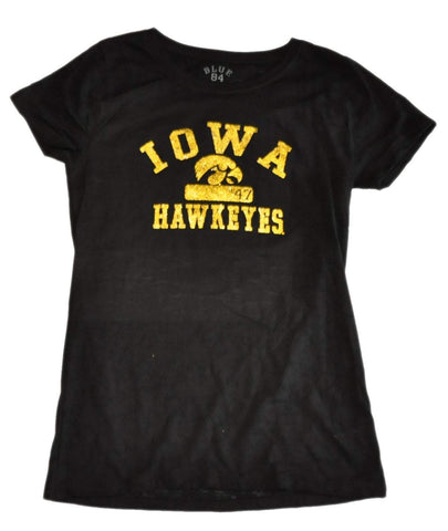 Shop Iowa Hawkeyes Blue 84 Soft Cotton Black Gold Glitter Logo Womens T-Shirt - Sporting Up