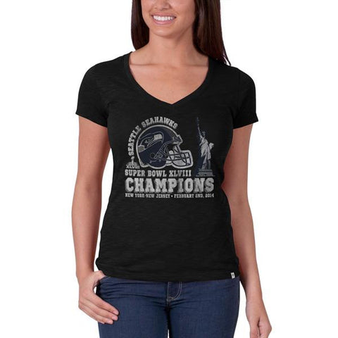 Magasinez Seattle Seahawks Super Bowl Champs XLVIII 47 Brand Noir T-shirt à col en V pour femme - Sporting Up