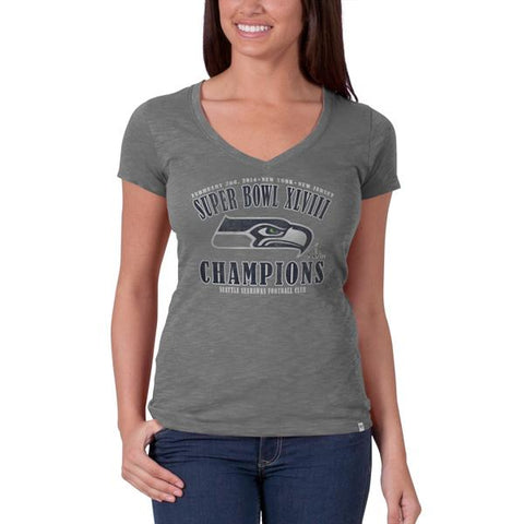 Kaufen Sie graues Damen-T-Shirt mit V-Ausschnitt der Marke Seattle Seahawks Super Bowl Champs XLVIII 47 – sportlich