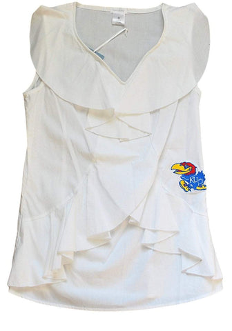 Shop Kansas Jayhawks Meesh & Mia Women White V-Neck Ruffled Sleeveless Shirt - Sporting Up