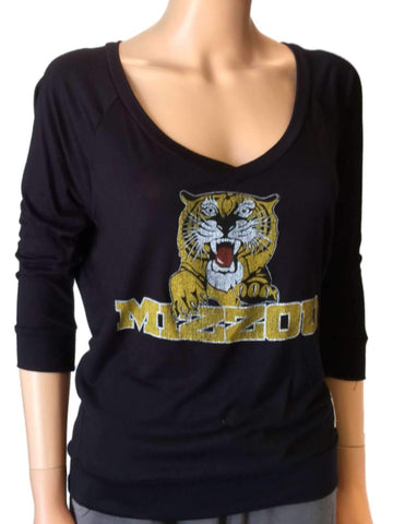 Camiseta negra de manga larga con cuello en V profundo para mujer de la marca retro de los Missouri Tigers - sporting up