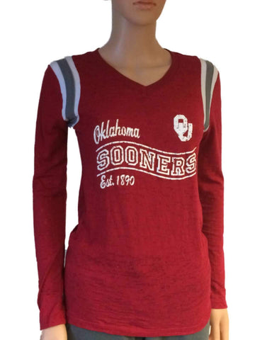 Shop Oklahoma Sooners Blue 84 Women Red V-Neck Burn Out Long Sleeve T-Shirt - Sporting Up