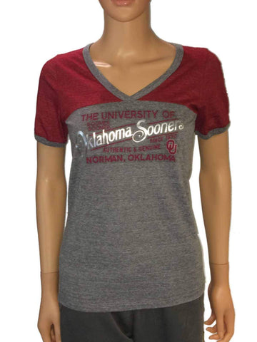 Oklahoma Sooners Blue 84 Damen-T-Shirt mit grauen, roten Schultern und V-Ausschnitt und kurzen Ärmeln – sportlich