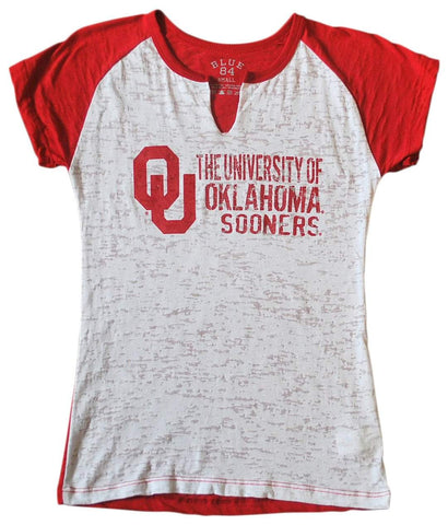 Shop Oklahoma Sooners Blue 84 Women White Red Burn Out Cut V-Neck T-Shirt - Sporting Up