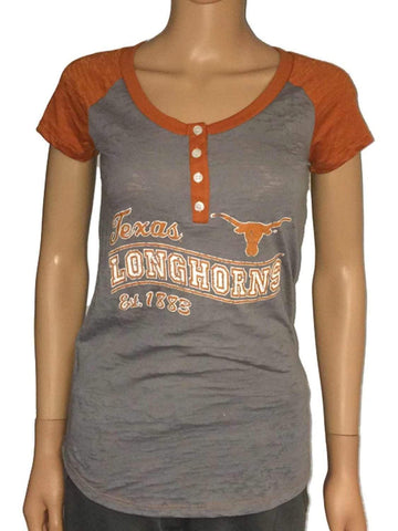 Shop Texas Longhorns Blue 84 Women Gray Orange Burn Out 4-Buttoned T-Shirt - Sporting Up