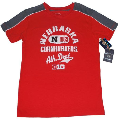 Kaufen Sie das weiche Baumwoll-T-Shirt „Big 10“ der Nebraska Cornhuskers in Blau 84, Rot und Grau mit grauen Ärmeln – sportlich
