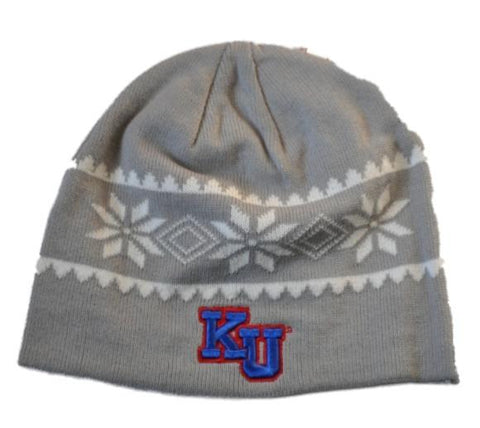 Shop Kansas Jayhawks Headmaster Campuswear Embroidered Gray and White Knit Beanie Cap - Sporting Up