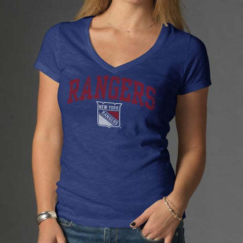 Camiseta de algodón con cuello en V scrum azul para mujer de la marca New York Rangers 47 - sporting up